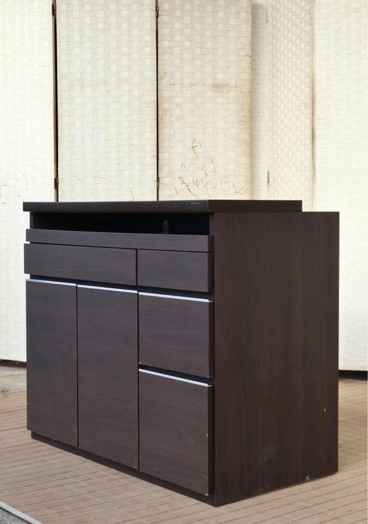 Dark Wood Multi-Drawer Cabinet with Cupboard and Pull-out Shelf (Category: Shelves, Cabinets & Racks) located in Manila. Submitted by justinlei.103 (Listing ID 1468805965, Image 2). Description: JAPAN SURPLUS FURNITURE “Act Industry Co.,Ltd” LATERAL KITCHEN CABINET Size 35L x 19W x 30H in inches (AS-IS ITEM) *Minimal Scratch Only IN GOOD CONDITION.