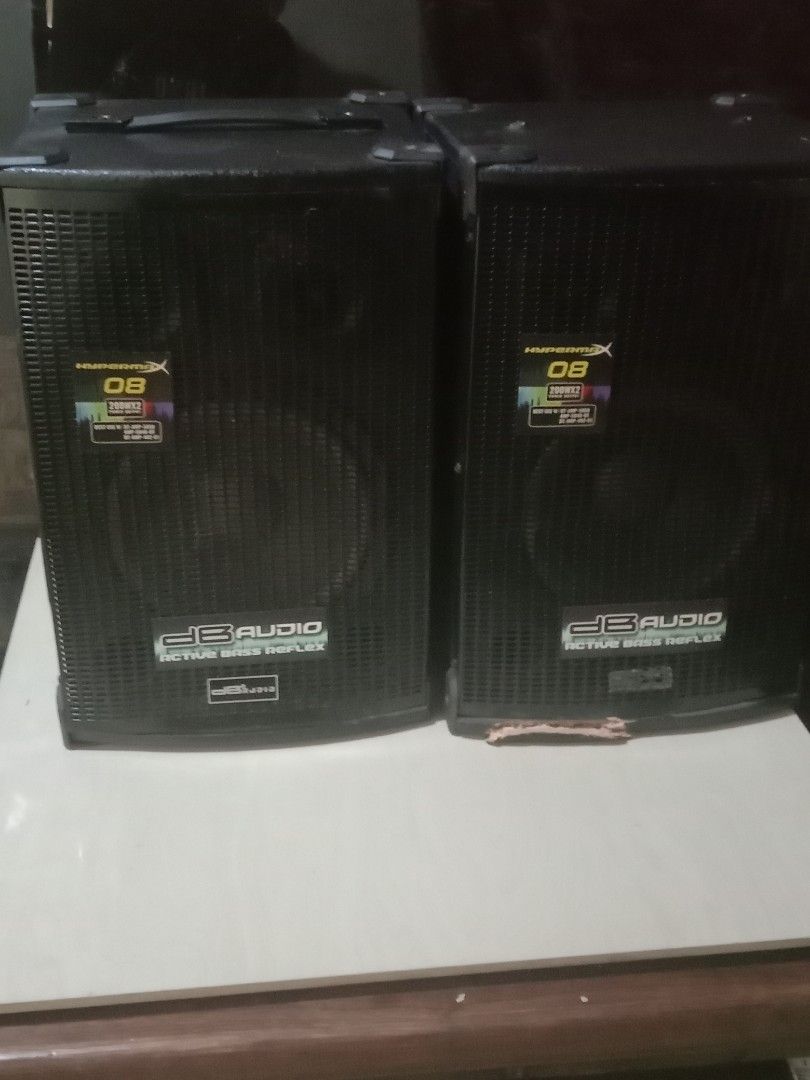 DB Audio Hypermax 08 Active Bass Reflex Speakers 4pcs (Category: Soundbars, Speakers & Amplifiers) located in Manila. Submitted by redvincent01640 (Listing ID 1468889551, Image 2). Description: DB Audio Hypermax 08 active bass reflex speakers - Set of 4 pieces (Take-all deal) - 200W power output rating per unit - Sleek black cabinet design - Built-in handles on top for portability - Perfect for heavy-duty audio setups.