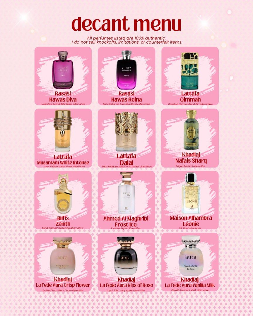 DECANTS — MIDDLE EASTERN PERFUMES (Category: Fragrance & Deodorants) located in Imus. Submitted by gigiandlili.4103 (Listing ID 1468849801, Image 3). Description: PLEASE READ 💓 THIS LISTING IS FOR DECANT. NOT FULL BOTTLE. Decant list and prices posted 3ml, 5ml, 10ml available.