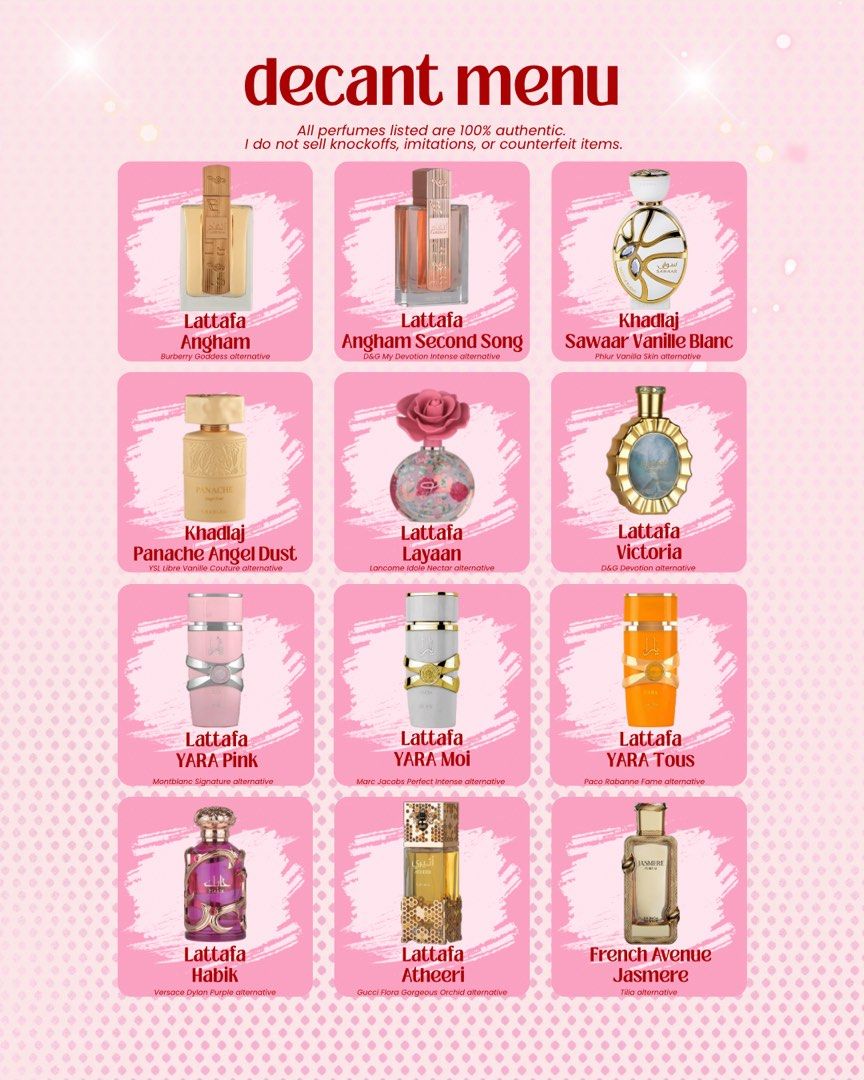 DECANTS — MIDDLE EASTERN PERFUMES (Category: Fragrance & Deodorants) located in Imus. Submitted by gigiandlili.4103 (Listing ID 1468849801, Image 2). Description: PLEASE READ 💓 THIS LISTING IS FOR DECANT. NOT FULL BOTTLE. Decant list and prices posted 3ml, 5ml, 10ml available.
