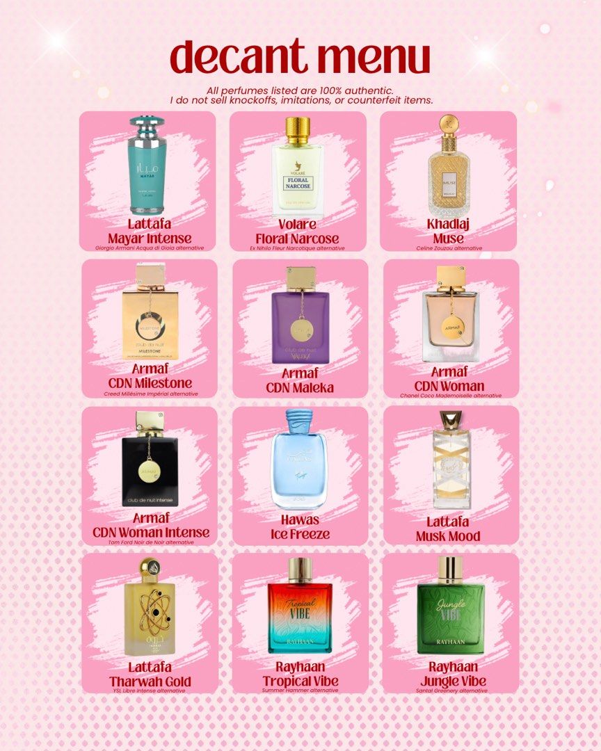 DECANTS — MIDDLE EASTERN PERFUMES (Category: Fragrance & Deodorants) located in Imus. Submitted by gigiandlili.4103 (Listing ID 1468849801, Image 1). Description: PLEASE READ 💓 THIS LISTING IS FOR DECANT. NOT FULL BOTTLE. Decant list and prices posted 3ml, 5ml, 10ml available.