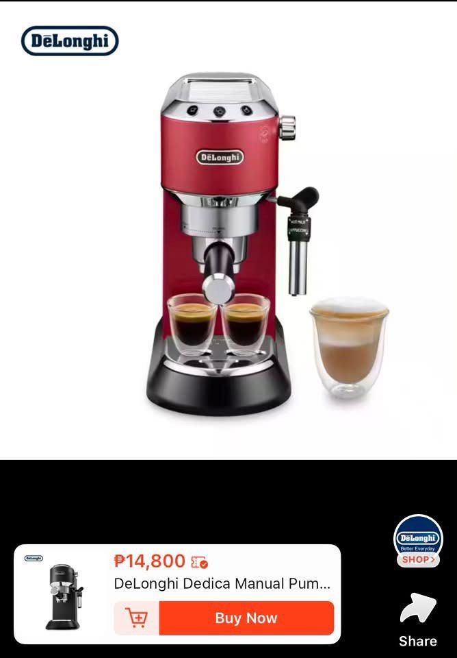 DeLonghi Dedica Manual Pump Espresso Machine Red (Category: Coffee Machines & Makers) located in San Juan City. Submitted by dsy764bbnd (Listing ID 1468754028, Image 1). Description: - Model: DeLonghi Dedica Espresso Maker in vibrant red - Compact footprint: Ideal for small kitchen counters and condo living - Milk Frothing: Side steam wand for delicious cappuccinos and lattes - Brew Options: Easy manual buttons for single shots, double shots, and