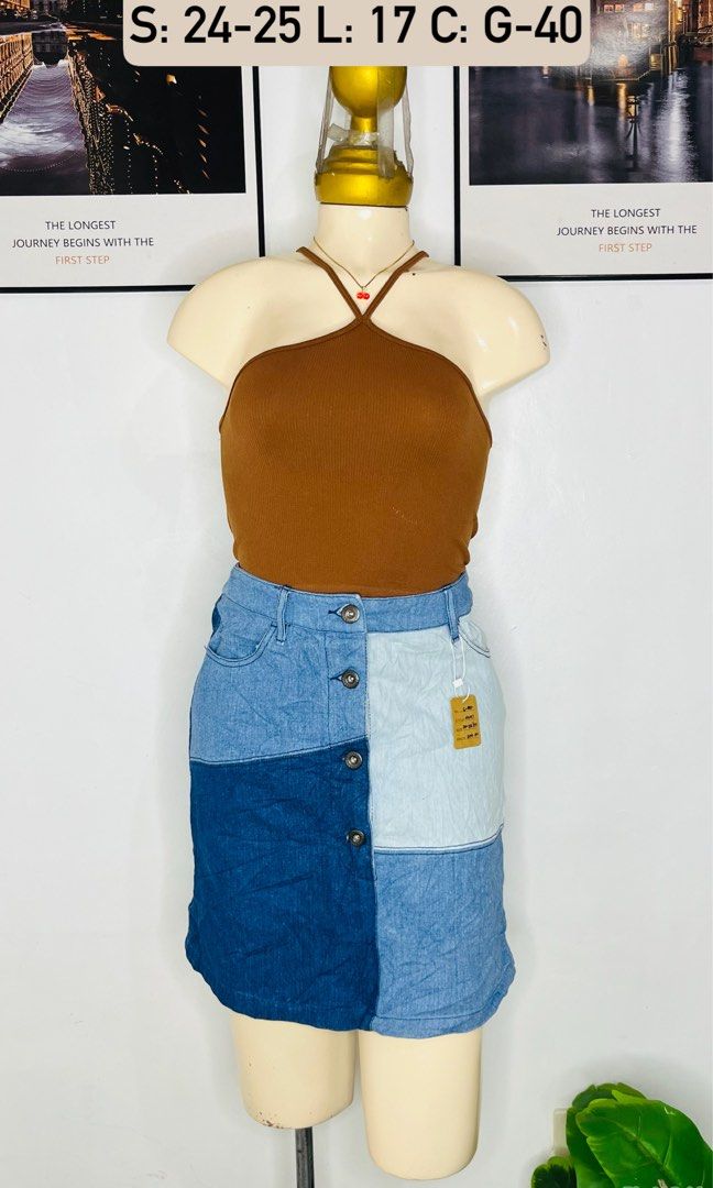 Denim Mini Skirt| Size 24-25 (Category: Skirts) located in Manila. Submitted by bengirlclothing (Listing ID 1468862557, Image 1). Description: SIZE: 24-25 inches LENGTH: 17 inches - Style: Mini denim skirt with a trendy multi-shade patchwork design - Color: Mix of light, medium, and dark blue panels ✔️ Carefully selected ✔️ Actual item photos ✔️ Perfect for everyday OOTD! 📦 Shipping available — fee depends on location and courier. 💌 Message me 