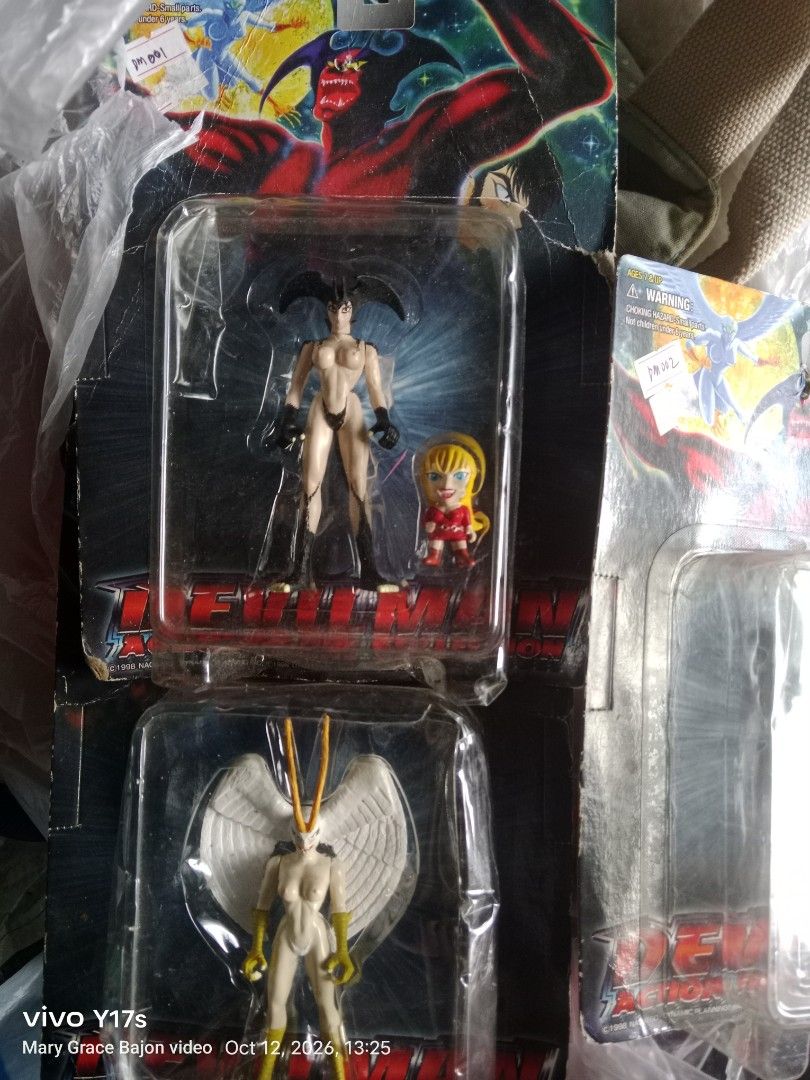 Devilman Action Figure Collection Vintage Toy Set (Category: Figurines & Statues) located in Muntinlupa City. Submitted by periwinklefairy23 (Listing ID 1468894491, Image 3). Description: Vintage Devilman action figure collection by Banpresto, released in 1998 by Dynamic Planning. Includes multiple characters in original blister packaging with cardboard backing. Outer packaging shows wear and creasing from storage over the years. Plastic bubbles 