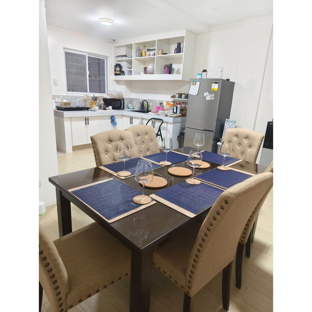 Dining table 6 seater (Category: Tables & Sets) located in Rizal. Submitted by mariasdeclutteringshop (Listing ID 1468766267, Image 3). Description: Only bought in June 2025. RFS: Moving out of the country. Wineglasses and placemats on display are included. Payment can be installment. For pick up or delivery on Nov 27-29.