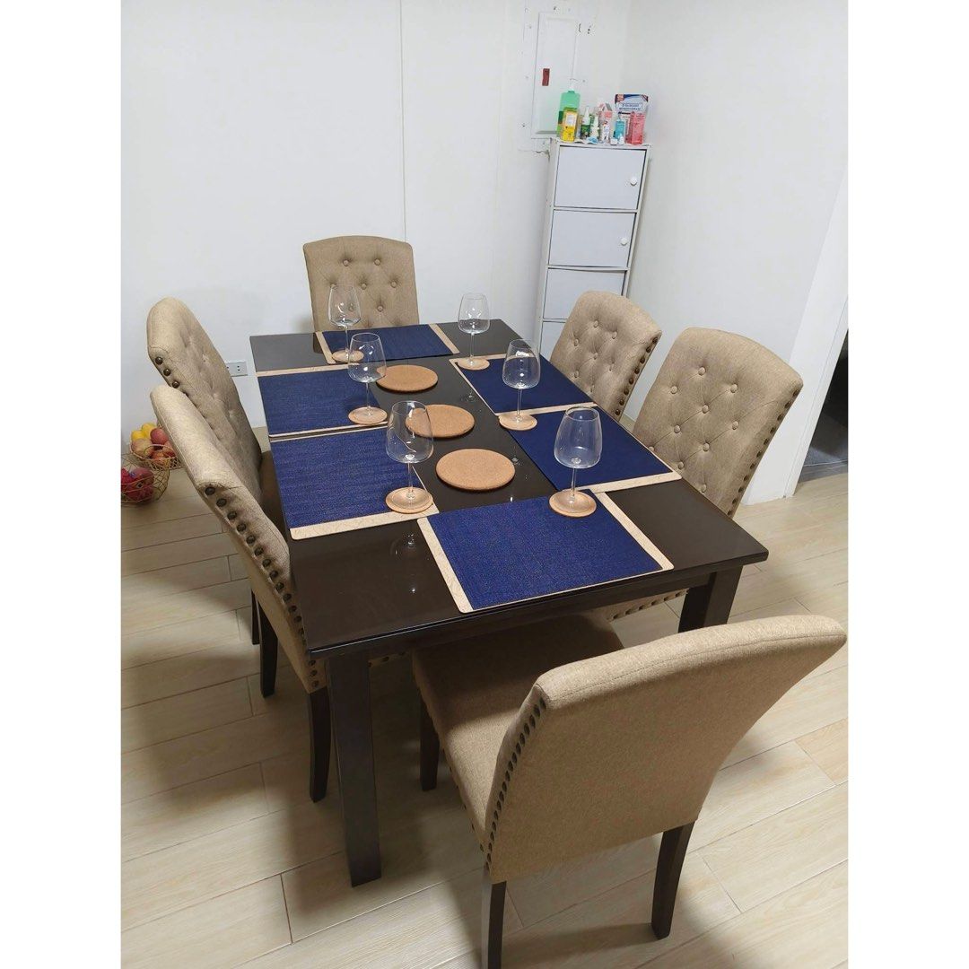 Dining table 6 seater (Category: Tables & Sets) located in Rizal. Submitted by mariasdeclutteringshop (Listing ID 1468766267, Image 1). Description: Only bought in June 2025. RFS: Moving out of the country. Wineglasses and placemats on display are included. Payment can be installment. For pick up or delivery on Nov 27-29.