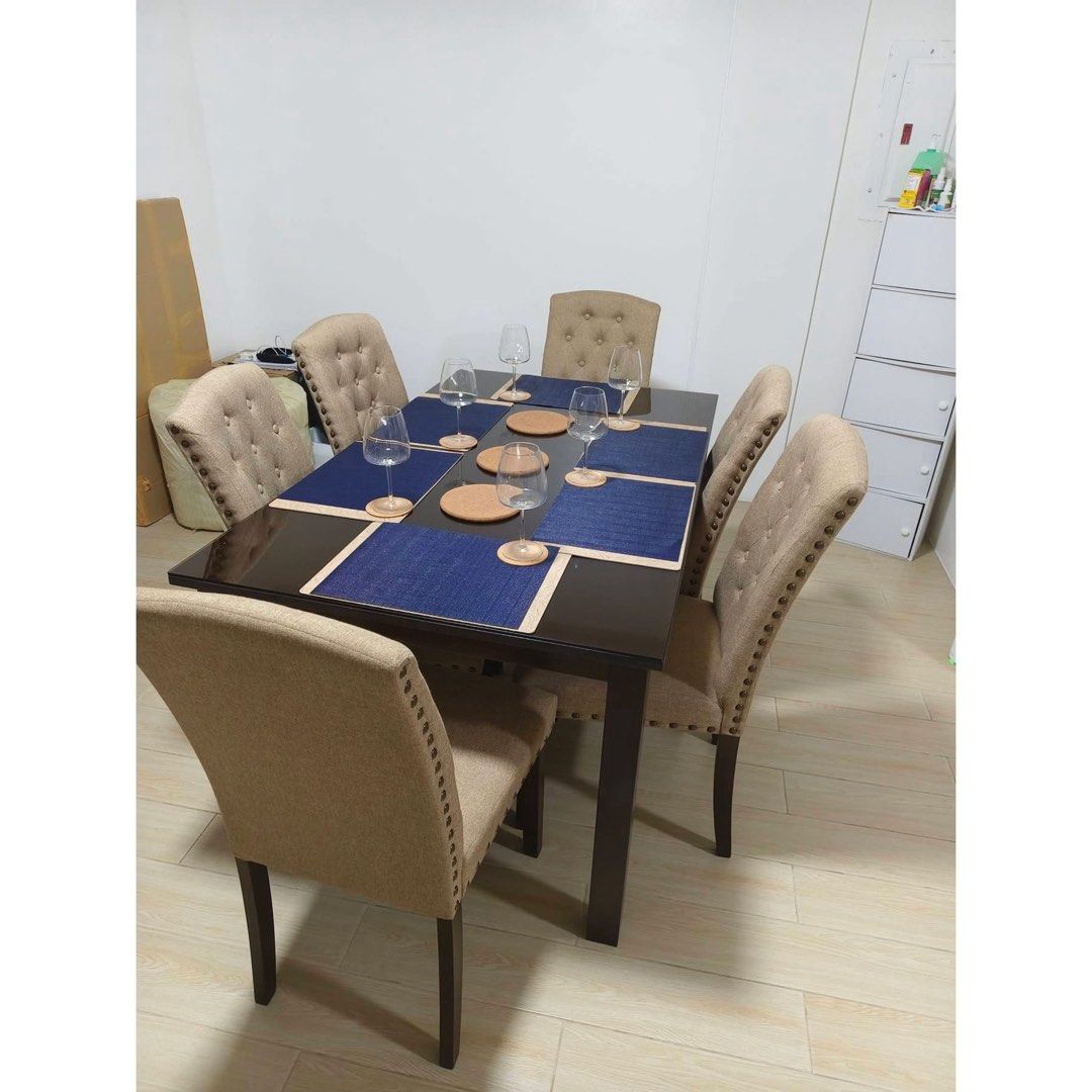 Dining table 6 seater (Category: Tables & Sets) located in Rizal. Submitted by mariasdeclutteringshop (Listing ID 1468766267, Image 2). Description: Only bought in June 2025. RFS: Moving out of the country. Wineglasses and placemats on display are included. Payment can be installment. For pick up or delivery on Nov 27-29.