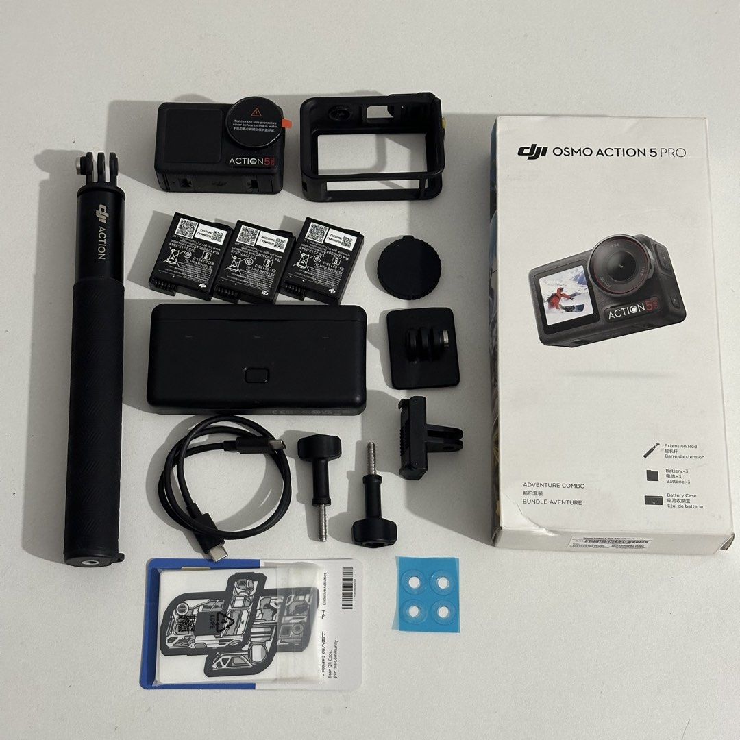 DJI Osmo Action 5 Pro Adventure Combo (Category: Cameras) located in Taytay. Submitted by jc.cruz03 (Listing ID 1468774856, Image 1). Description: - Brand: DJI Osmo Action 5 Pro Adventure Combo - Condition: Excellent, comes with original retail box - What's included: - Osmo Action 5 Pro camera & protective frame - 3x batteries with multi-battery charging case - Extension rod & locking screws - Quick-release adapter mounts & curved adhesive base -