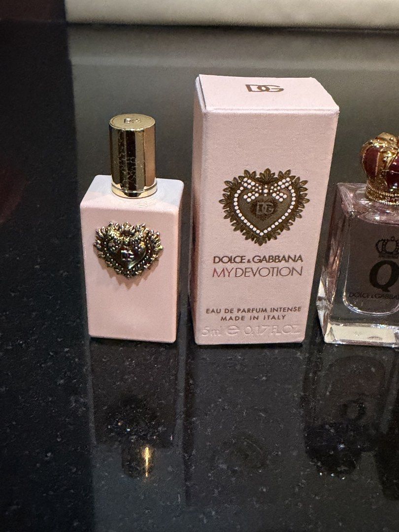 Dolce & Gabbana Miniature Perfume Set 5ml (Category: Fragrance & Deodorants) located in Muntinlupa City. Submitted by everythingmustgo_8475da (Listing ID 1468777827, Image 2). Description: - Brand: Dolce & Gabbana - Set of 3 miniature fragrances (5ml / 0.17 fl oz each) - Scents included: My Devotion Eau de Parfum Intense, Q Eau de Parfum, and Devotion Eau de Parfum Intense - Comes with original boxes for all three bottles - 100% Authentic, Made i