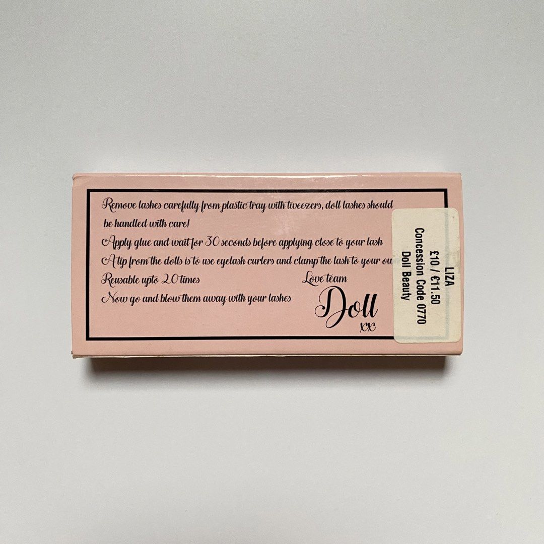 [AUTHENTIC] Doll Lash by Doll Beauty (Liza) (Category: Makeup) located in Midsayap. Submitted by someones_attic (Listing ID 1468880812, Image 2). Description: ⤿contents: 2 pcs / 1 pair ⤿reusable up to 20x ▹see attached price tag for the OG SRP £10 / €11.50 shown on the box tag ▹brand new & unused. (please refer to photos for actual condition) 💯 guaranteed authentic from Qatar cargo box 🇶🇦.