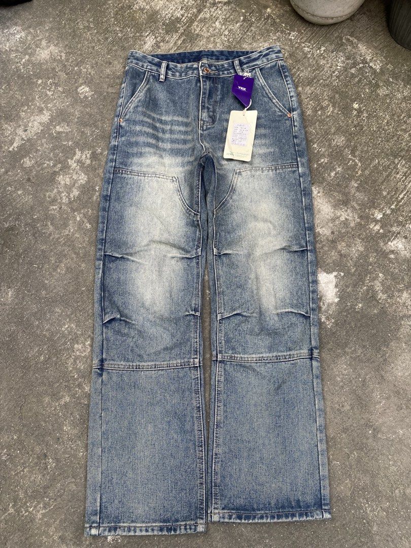 DOUBLE KNEE BNEW BAGGY PANTS (Category: Jeans) located in Abulug. Submitted by axeldot (Listing ID 1468803344, Image 1). Description: - Brand: DREAMS / 9 RECON - Size: 29 (tag still attached, unworn) - Color/Wash: Light blue wash with distressed fading front and back - Fit: Straight leg - Details: Multi-panel knee construction with contrast topstitching - Hardware: Premium YKK zippers and hardware - Branding: 9 RECON back tag and leather DREAMS w