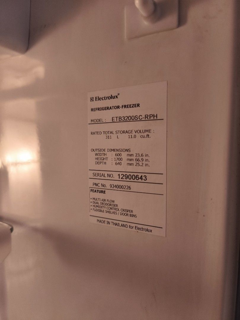 Electrolux Refrigerator with freebie (Category: Refrigerators and Freezers) located in Manila. Submitted by mkcj08 (Listing ID 1468783143, Image 1). Description: - Model: Electrolux ETB3200SC-RPH (Made in Thailand) - Non Inverter - Capacity: 311 Liters / 11.0 Cubic Feet - Dimensions: 600 mm (W) x 1700 mm (H) x 640 mm (D) - Multi Air Flow system for even cooling - Dual Deodoriser to keep fridge smelling fresh - Humidity Control Crisper for longer-