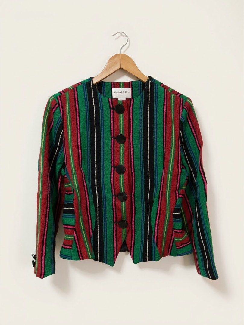 Emanuel Ungaro Christmas Stripes Blazer (Category: Coats, Jackets and Outerwear) located in Manila. Submitted by allymargret (Listing ID 1468800782, Image 1). Description: - Brand: Vintage Emanuel Ungaro - Size: 10/44 (Collar tag) - Design: Bold vertical stripes in green, red, black, pink, blue, and white - Details: Round neckline, black oversized statement buttons on front and cuffs, structured paneled construction - Material: Textured woven fab