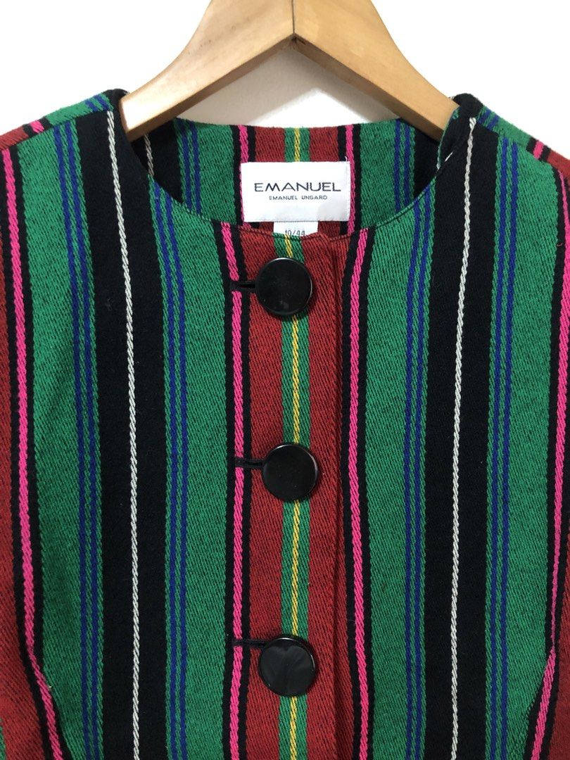 Emanuel Ungaro Christmas Stripes Blazer (Category: Coats, Jackets and Outerwear) located in Manila. Submitted by allymargret (Listing ID 1468800782, Image 3). Description: - Brand: Vintage Emanuel Ungaro - Size: 10/44 (Collar tag) - Design: Bold vertical stripes in green, red, black, pink, blue, and white - Details: Round neckline, black oversized statement buttons on front and cuffs, structured paneled construction - Material: Textured woven fab