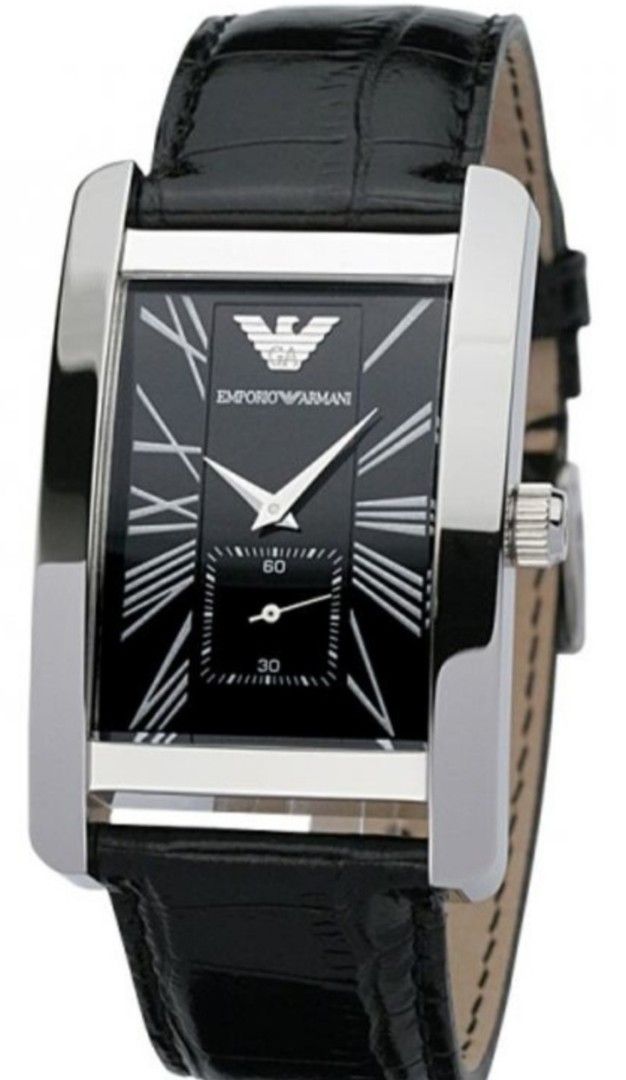 Emporio Armani Rectangular Black Dial Leather Watch (Category: Men's Watches) located in Taguig. Submitted by frenchquarter_010107 (Listing ID 1468925465, Image 1). Description: - Brand: Emporio Armani - Case: Silver-tone rectangular design - Dial: Classic black with Roman numerals and small seconds sub-dial - Strap: Genuine black leather with an embossed pattern - Inclusions: Original box, warranty booklet, and instruction manual - Condition: we