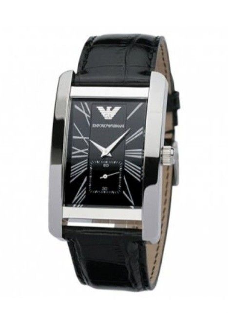Emporio Armani Rectangular Black Dial Leather Watch (Category: Men's Watches) located in Taguig. Submitted by frenchquarter_010107 (Listing ID 1468925465, Image 2). Description: - Brand: Emporio Armani - Case: Silver-tone rectangular design - Dial: Classic black with Roman numerals and small seconds sub-dial - Strap: Genuine black leather with an embossed pattern - Inclusions: Original box, warranty booklet, and instruction manual - Condition: we