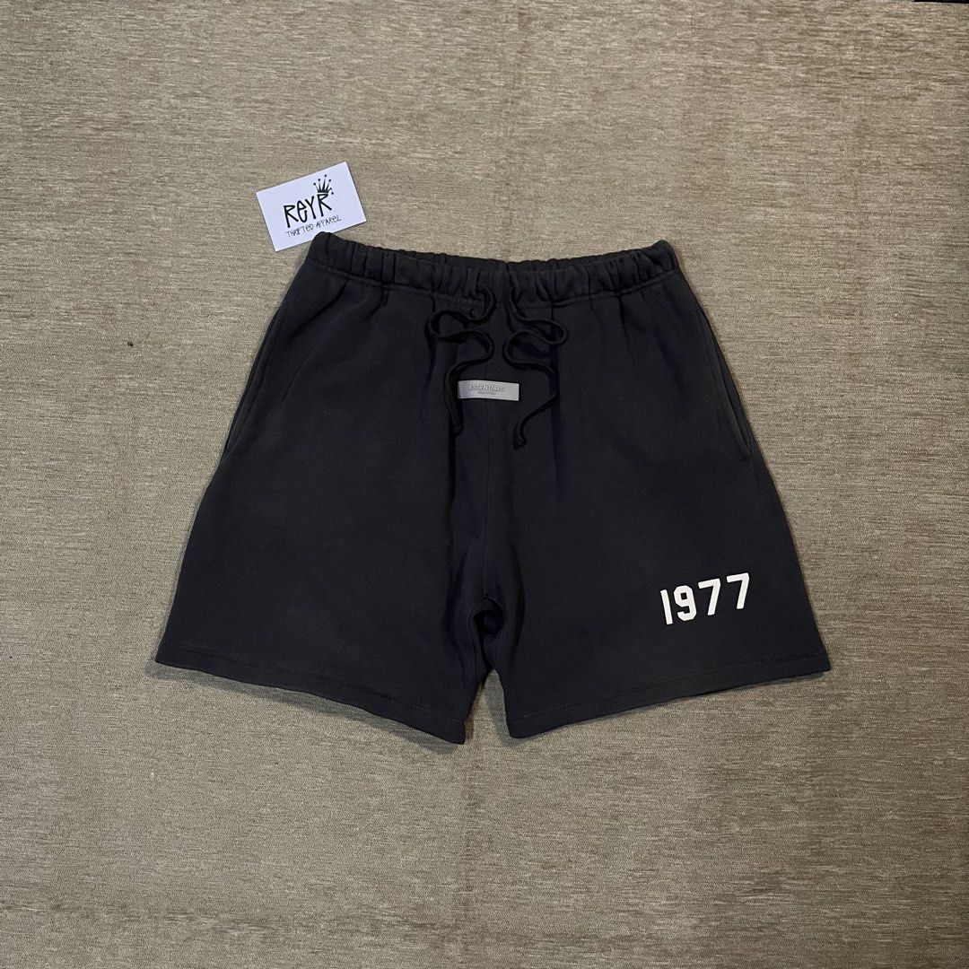 Essentials 1977 Sweat Short (Category: Shorts) located in Batangas. Submitted by reyr. (Listing ID 1468866496, Image 1). Description: Dimes: 30-42” waist | 19” length | 13” hem Condition: Excellent Color rate: 9.7/10 Flaws: None.
