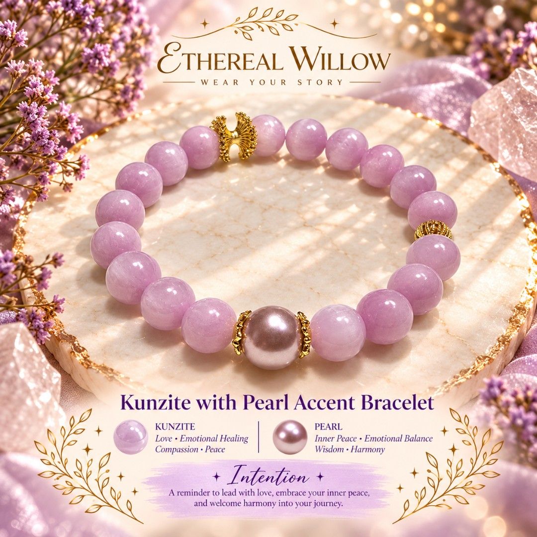 Ethereal Willow Kunzite with Pearl Accent Bracelet (Category: Bracelets) located in Pasig City. Submitted by etherealwillow (Listing ID 1468724173, Image 1). Description: - Brand: Ethereal Willow - Gemstone: Light purple Kunzite beads with natural calming properties - Accent: Central dark pink pearl piece - Details: Elegant gold spacers separating the stones - Style: Natural crystal gemstone bracelet, perfect for daily wear or gifting.