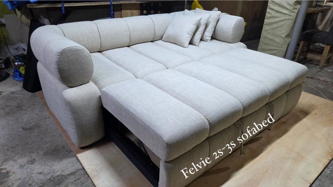FELVIE 2s-3s sofabed (Category: Sofas) located in Antipolo. Submitted by yourstyle28_furniture (Listing ID 1468928970, Image 2). Description: Felvie sofabed ay naka SALE ngayon!! From 44,500 in standard fabric Now 40,050! (less 10%) 82"w x 60"(as bed dimensions) The discounted prices are valid until 1st week of November 2026. 🪵 Materials We Use: ●Fabric/leatherette upholstery ●Solid Mahogany wood ●3/4" Marine plywood treated with Solignum ●100% 