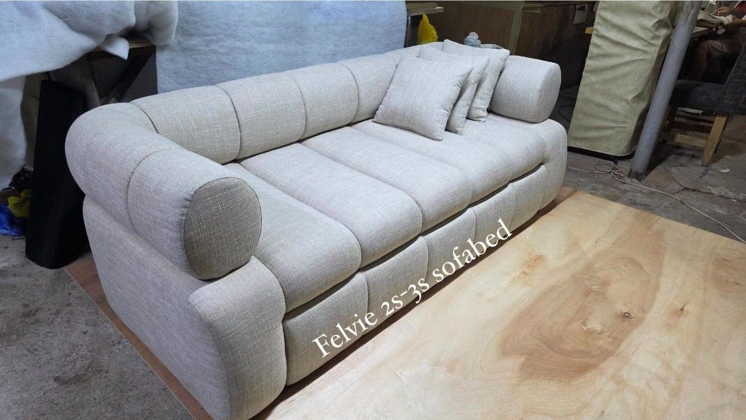 FELVIE 2s-3s sofabed (Category: Sofas) located in Antipolo. Submitted by yourstyle28_furniture (Listing ID 1468928970, Image 1). Description: Felvie sofabed ay naka SALE ngayon!! From 44,500 in standard fabric Now 40,050! (less 10%) 82"w x 60"(as bed dimensions) The discounted prices are valid until 1st week of November 2026. 🪵 Materials We Use: ●Fabric/leatherette upholstery ●Solid Mahogany wood ●3/4" Marine plywood treated with Solignum ●100% 