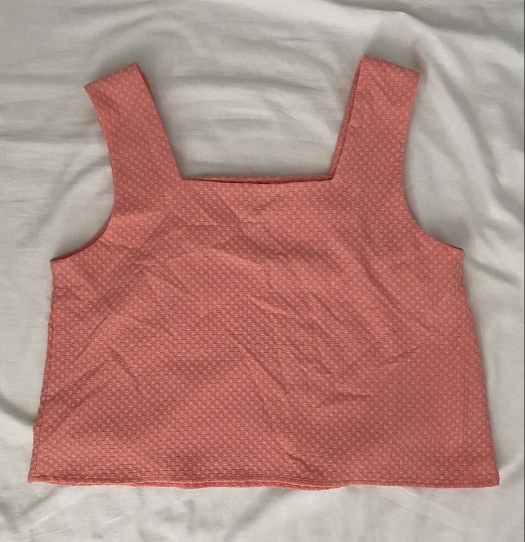 For Me Pink Square Neck Top (Category: Sleeveless) located in Manila. Submitted by Mimi020623 (Listing ID 1468851889, Image 1). Description: - Brand: For Me - Size: LARGE - Color: Pink - Neckline: Square neck with thick straps - Material: Textured waffle-like grid fabric - Fit: loose - Style: Simple, casual everyday piece that is easy to pair with jeans or skirts.