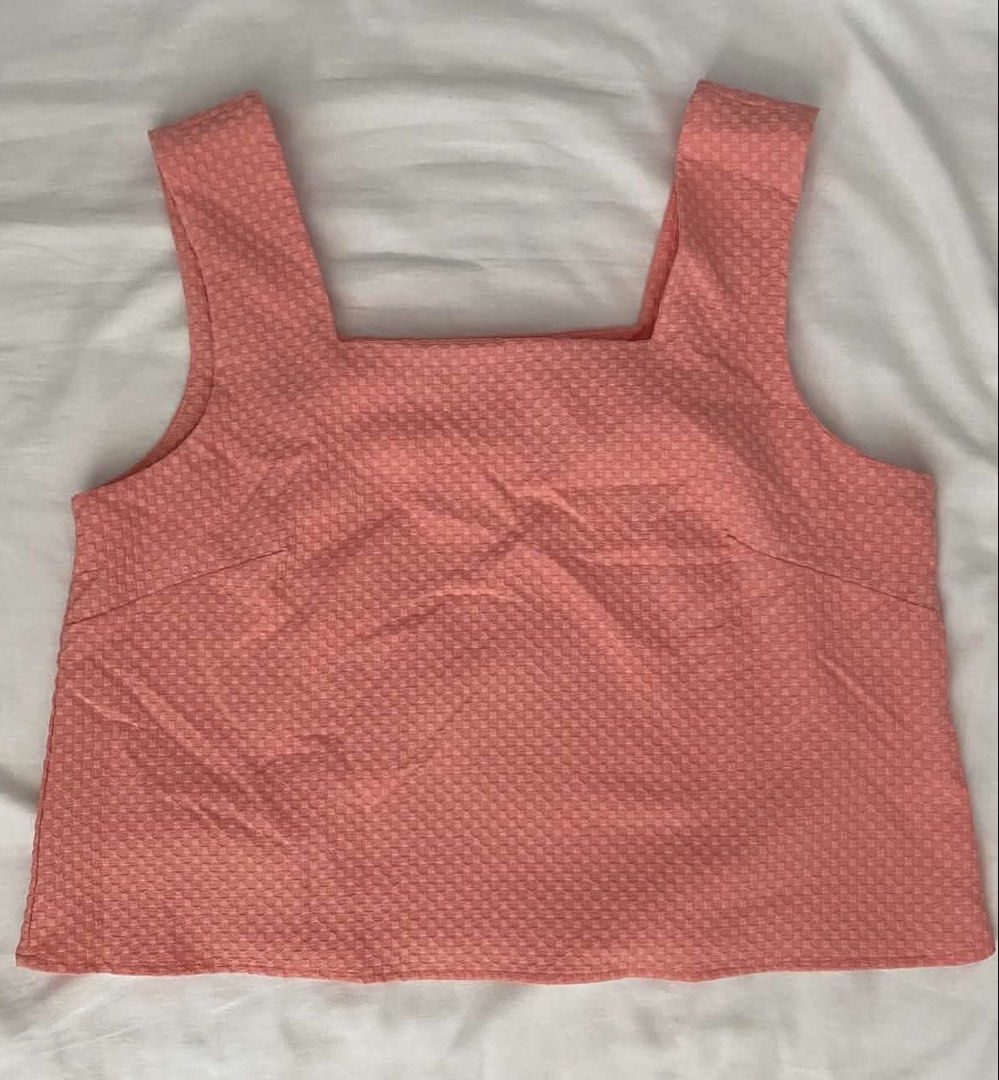For Me Pink Square Neck Top (Category: Sleeveless) located in Manila. Submitted by Mimi020623 (Listing ID 1468851889, Image 2). Description: - Brand: For Me - Size: LARGE - Color: Pink - Neckline: Square neck with thick straps - Material: Textured waffle-like grid fabric - Fit: loose - Style: Simple, casual everyday piece that is easy to pair with jeans or skirts.