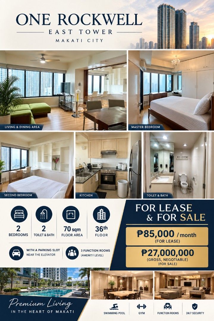 For rent (Category: Apartments & Condos) located in Makati City. Submitted by mikeebuena04636 (Listing ID 1468913453, Image 1). Description: FOR LEASE ONE ROCKWELL EAST TOWER 2 bedrooms, 2 toilet & bath, 36th floor 70 sqm with a parking slot near the elevator. 3 function rooms, 85k a month. 27M gross (negotiable).