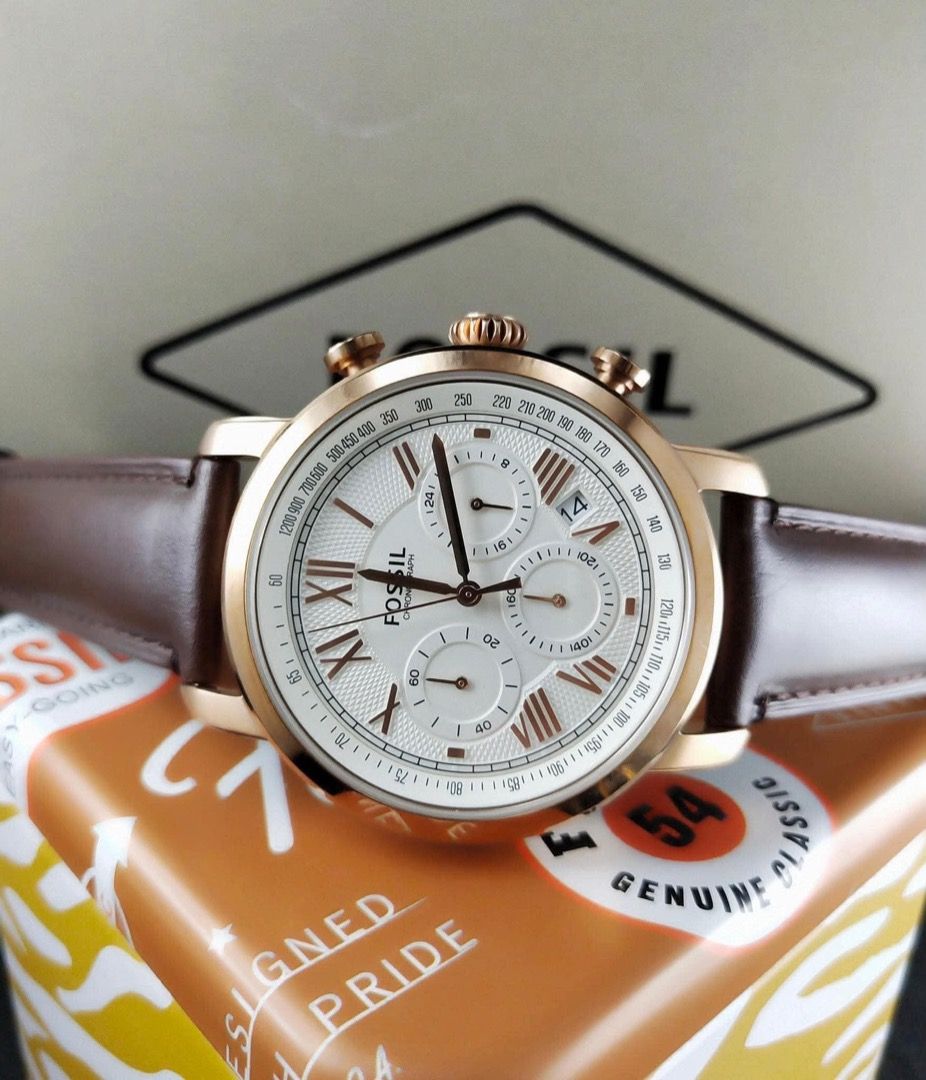 Fossil Grant Chronograph Watch with Leather Strap (Category: Men's Watches) located in Manila. Submitted by andeonne (Listing ID 1468751343, Image 2). Description: - Authentic Fossil Grant chronograph watch - Classic design with Roman numerals, sub-dials, and tachymeter scale - Genuine leather strap available in brown or black options - Durable matching metal case - Includes original Fossil collectible tin box - Great and reliable daily timepiece