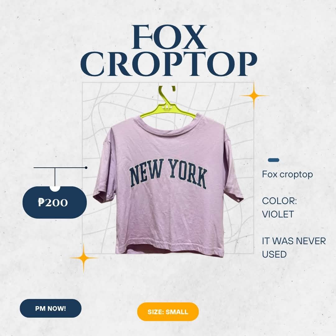 Fox New York Croptop Violet Small (Category: Sleeveless) located in Manila. Submitted by drowsey (Listing ID 1468731977, Image 1). Description: - Brand: Fox - Color: Violet - Design: 'NEW YORK' front graphic print - Size: Small - Condition: Brand new, never used, properly stored - Style: Casual everyday crop top.