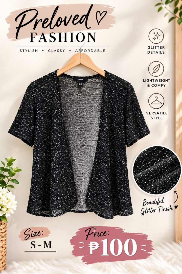 FREE FOR MIN PURCHASE OF 500 PHP (Category: Blouses) located in Pasig City. Submitted by my_angels_closet (Listing ID 1468925793, Image 1). Description: - Color: Black with subtle glitter details - Fit: Fits Small to Medium - Design: Open front with a stylish draped hemline - Material: Lightweight and very comfortable for daily wear - Versatility: Easy to pair with basic tees or dress up simple tops.