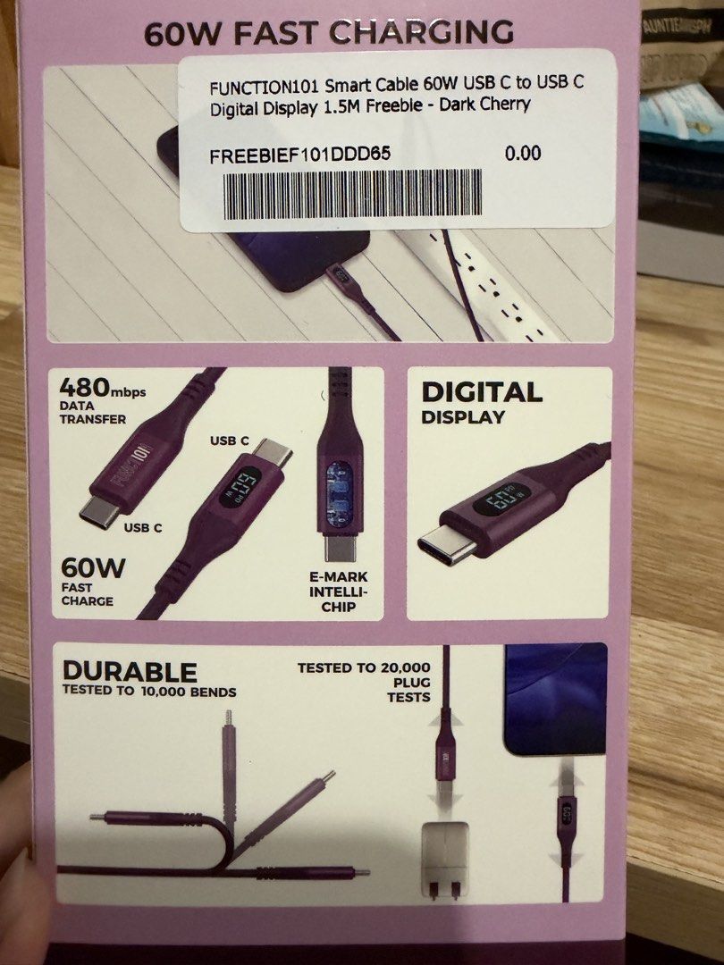 Function101 Smart Cable 60W USB C to USB C (Category: Chargers) located in Quezon City. Submitted by pattyyspreloved (Listing ID 1468802807, Image 2). Description: Brand new. Never used Color: Dark cherry.