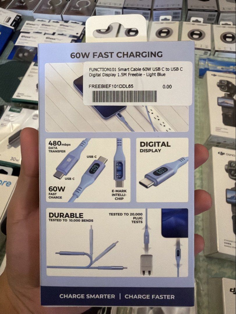 Function 101 Smart Cable (Category: Chargers & Cables) located in Quezon City. Submitted by law.1789 (Listing ID 1468880803, Image 2). Description: SRP - 590 Sale Price - 399 Function 101 Smart Cable - Type: USB-C to USB-C (60W PD Fast Charging) - Color: Light Blue - Length: 1.5 meters / 5 feet - Features: Built-in digital display to monitor charging speed, E-Mark intelligent chip, and 480 Mbps data transfer - Material: Premium soft-touch silicon