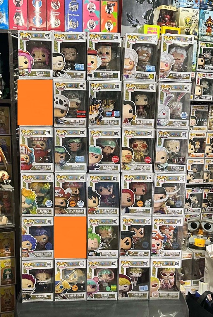Funko Pop One Piece Vinyl Figures (Category: Designer & Blind Box Toys) located in Cavite. Submitted by dioniesp (Listing ID 1468820060, Image 2). Description: FS>>>OP Break set Ginny 500 Kuro 700 Vegapunk 500 Luffy Kaminary 900 Bonney 500 Zoro 1775 chase SOLD Law AAA 900 Rob Lucci Awak 1000 Hancock 700 Carrot 1000 Buggy jester 1200 Kuzan 800 Sakazuki 1200 Borsalina 1200 Smoker 1200 Marco 1000 Gol D Roger Chase 4000 Luffy 921 metalic 1000 Shanks 