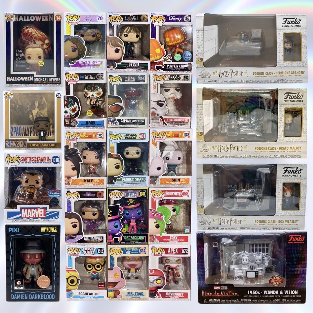 FUNKO POP RUSH SALE! ✮⋆˙ (Category: Designer & Blind Box Toys) located in Manila. Submitted by iyaccoe (Listing ID 1465865404, Image 1). Description: FUNKO POP RUSH SALE! ✮⋆˙ 𖦹 OPEN FOR TAKE ALL OFFER — PM your price! ༘⋆ 🏷 Price Each: ₱250 – ₱600 ╰┈➤ Add 35 for protector case (Optional) ❀ No issues & Good condition ⤿ Halloween-Michael Myers (#14) – ₱600 ⤿ Sinister Six: Kraven the Hunter (#1018) – ₱500 ⤿ 1950’s Wanda Vision – ₱500 ⤿ Harry Potter
