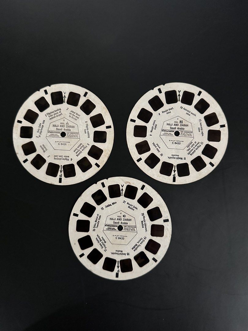 GAF View-Master reels (vintage) (Category: Educational & Learning Toys) located in Batangas. Submitted by batang_90s_ako (Listing ID 1468805515, Image 1). Description: GAF View-Master reels (rare) - vintage - 3 pieces - Hajj and Ziarah – Saudi Arabia CODE: C8431, C8432 at C8433 - 1960s - 1970s .