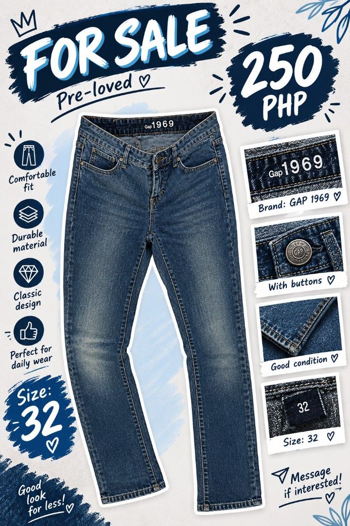 Gap 1969 Denim Jeans Size 32 (Category: Jeans) located in Pasig City. Submitted by my_angels_closet (Listing ID 1468713485, Image 1). Description: - Brand: Gap 1969 - Style: Classic blue wash denim jeans - Size: 32 - Closure: Button - Condition: Good, durable, and ready for daily wear.