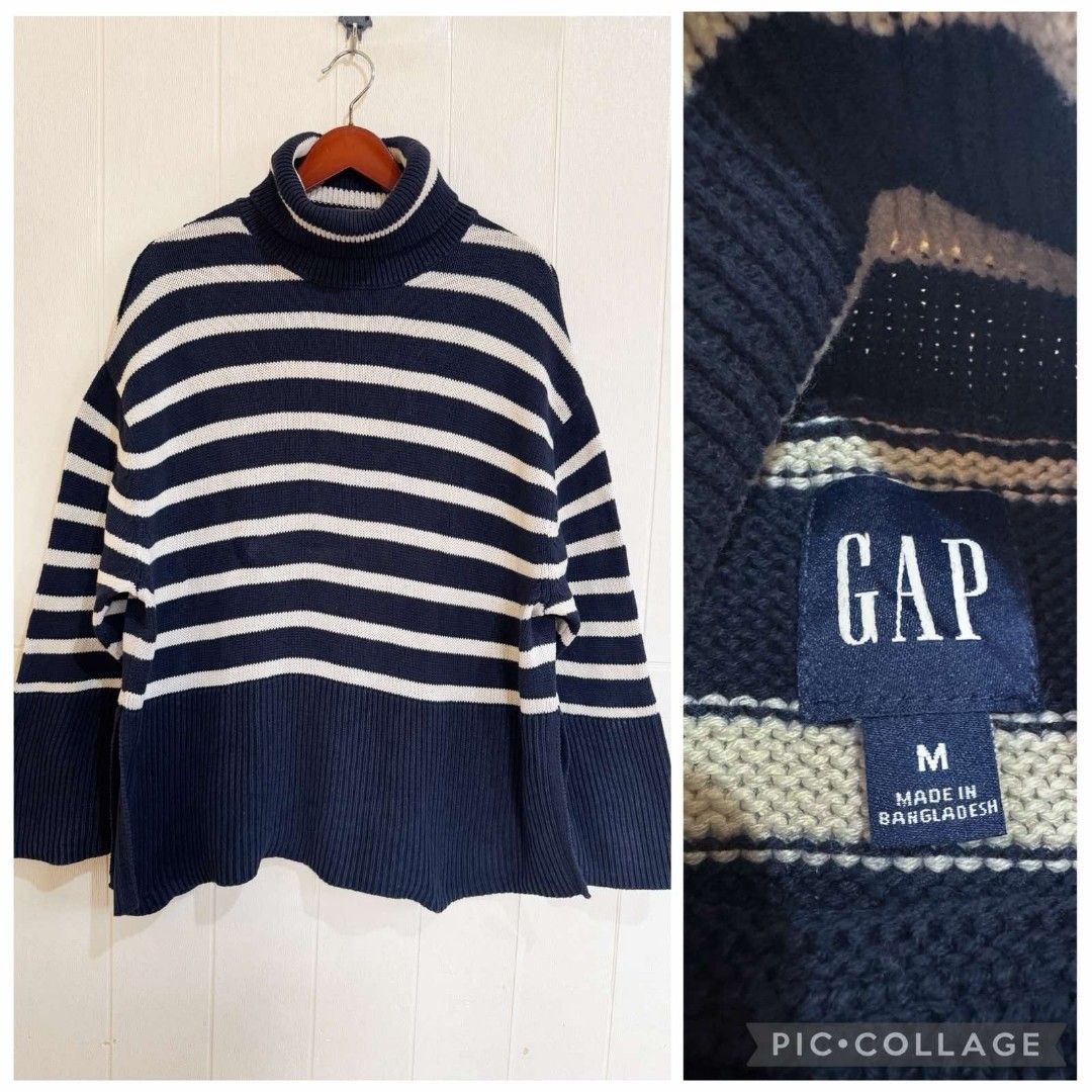 GAP Navy Striped Turtleneck Sweater Size M (Category: Longsleeves) located in Calamba. Submitted by iam.hides (Listing ID 1468724470, Image 1). Description: - Brand: GAP - Size: M (Made in Bangladesh) - Color: Navy blue and white stripes - Material: Cozy knit fabric - Features: Chunky ribbed turtleneck collar and hem - Condition: Great layering piece for cooler weather.