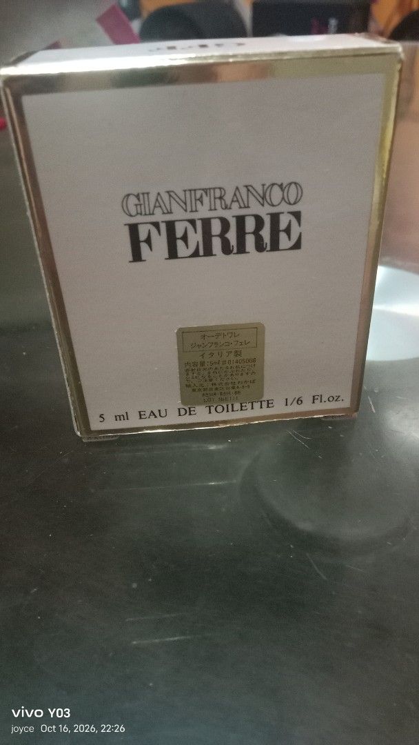 Gianfranco Ferre Eau De Toilette Mini 5ml (Category: Fragrance & Deodorants) located in Cabuyao City. Submitted by selections888 (Listing ID 1468882869, Image 3). Description: - Brand: Gianfranco Ferre Eau de Toilette - Size: Miniature, 5 ml / 1/6 fl. oz. - Packaging: Comes in original white and gold box with protective foam insert - Origin: Made in Italy - Authenticity: Batch code printed on both the box and the bottom of the glass bottle - Cond