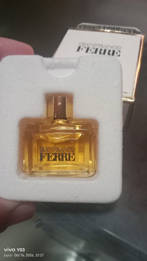 Gianfranco Ferre Eau De Toilette Mini 5ml (Category: Fragrance & Deodorants) located in Cabuyao City. Submitted by selections888 (Listing ID 1468882869, Image 1). Description: - Brand: Gianfranco Ferre Eau de Toilette - Size: Miniature, 5 ml / 1/6 fl. oz. - Packaging: Comes in original white and gold box with protective foam insert - Origin: Made in Italy - Authenticity: Batch code printed on both the box and the bottom of the glass bottle - Cond