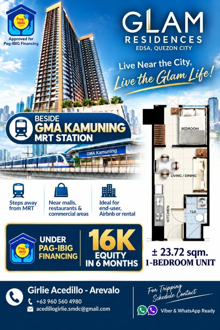 Glam Residences under Pag-ibig (Category: Apartments & Condos) located in San Pablo. Submitted by girlie-acedilloarevalo1987 (Listing ID 1468730508, Image 1). Description: ❤MAY PAG-IBIG NA SA GLAM✨✨✨ 🏢 GLAM RESIDENCES | EDSA, QUEZON CITY Your dream home is within reach at Glam Residences, strategically located near GMA Kamuning MRT Station! 📍 Project Location: Samar Avenue, Corner EDSA, Brgy. South Triangle, Diliman, Quezon City 🏙️ 44-Floor Hi