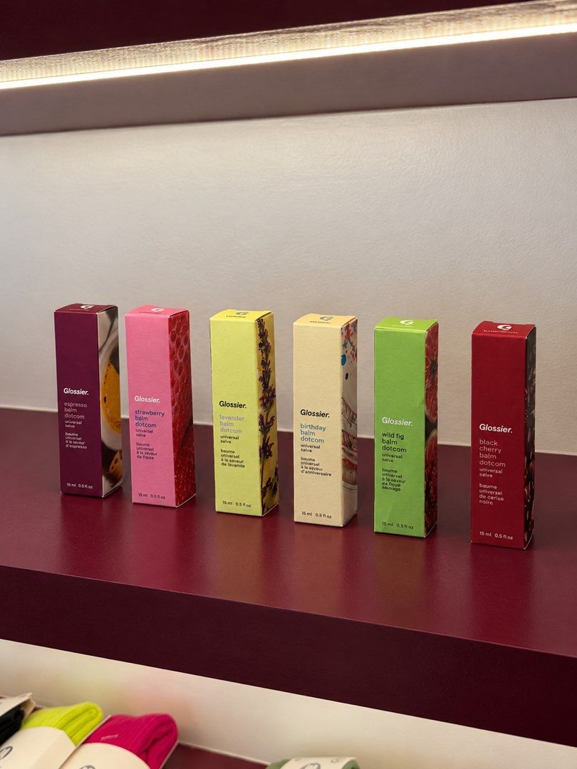 Glossier — Balm Dotcom (Category: Makeup) located in Quezon City. Submitted by sirkkk (Listing ID 1468758292, Image 1). Description: Available Flavors/Shades: • Espresso • Strawberry • Lavender • Birthday • Wild Fig • Black Cherry.