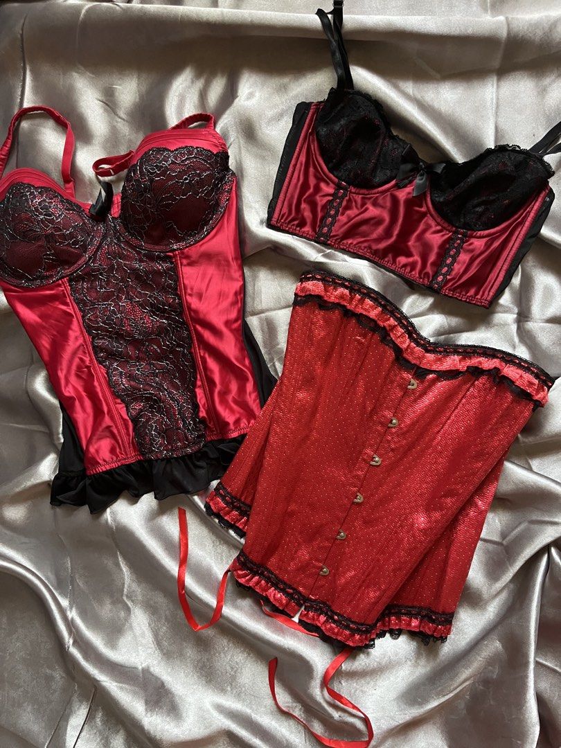 Gothic Red & Black Halloween Costume Corsets (Category: Sleeveless) located in Cagayan de Oro. Submitted by curated_closetph (Listing ID 1468856161, Image 2). Description: ✨Gothic Lace Mesh Overlay Bustier Corset (Left) ₱750 — Size: XS - S | 12D — Brand: Bras N Things — Style: Full-length overbust bustier with a vibrant red satin base and elegant black floral lace overlay panels. — Features: Molded underwire cups with lace trim, thick adjustable 