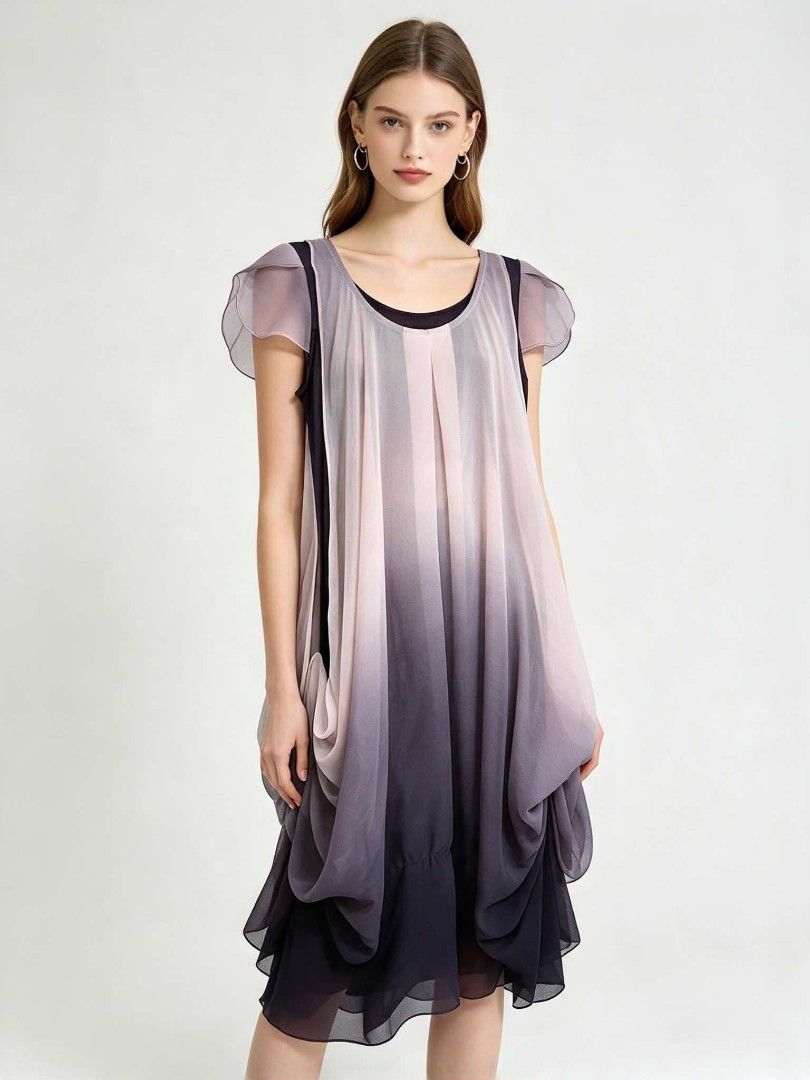 Gradient Chiffon Dress with Flutter Sleeves (Category: Dresses) located in Caloocan City. Submitted by mylove326 (Listing ID 1468794977, Image 2). Description: - Stunning gradient chiffon dress (pale pink to dark purple) - Round neckline with feminine short flutter sleeves - Loose, flowing silhouette with a chic draped bubble hem - Comes with a matching pastel pink belt featuring a silver buckle - Smooth inner lining for comfort - bust: 32-34iche