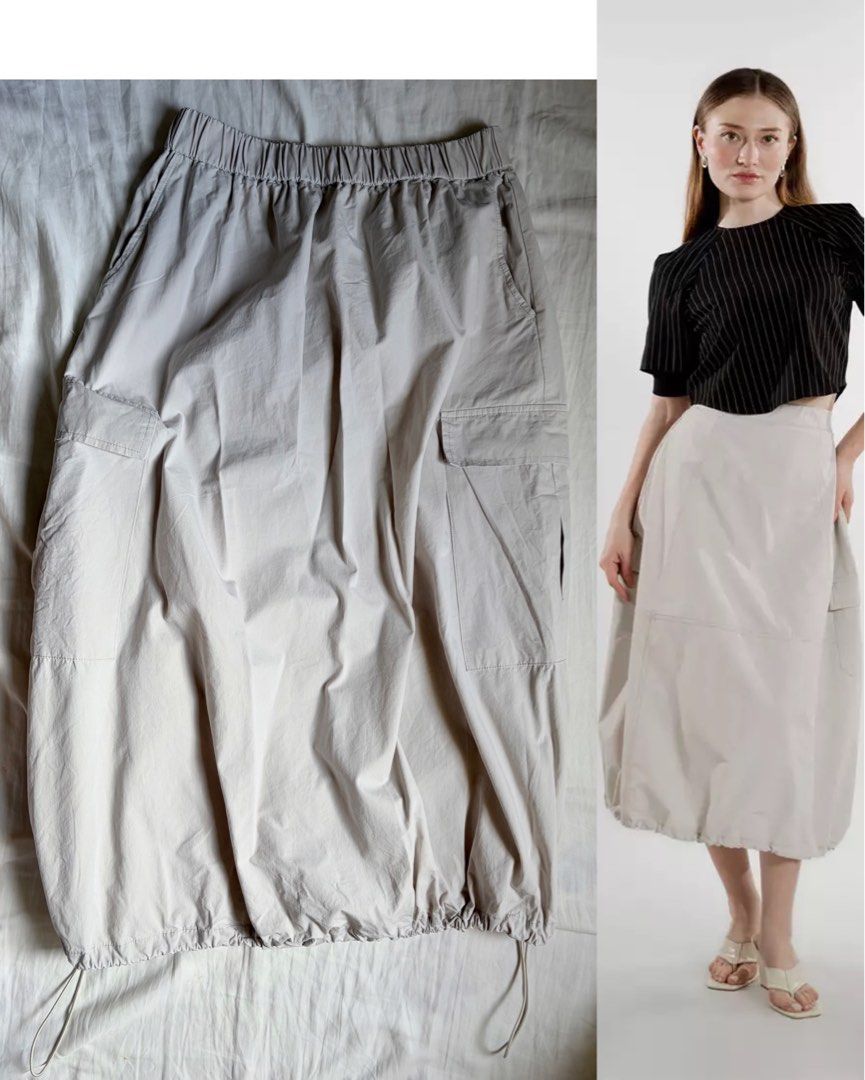 Gray bubble cargo parachute a-line long skirt (Category: Skirts) located in Lucena. Submitted by outfyndbyia_07123 (Listing ID 1468852285, Image 1). Description: See photos for dimension *Model when worn for reference only;not actual the actual item*.