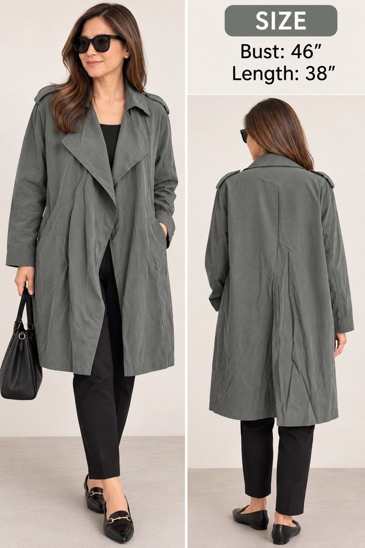 Green Trench Coat Jacket (Category: Coats, Jackets and Outerwear) located in Quezon City. Submitted by kishey (Listing ID 1468782675, Image 1). Description: - Color: Green - Style: Open front design (no buttons), shoulder epaulets, center inverted pleat at the back - Pockets: side pockets - Fabric: Lightweight drape, perfect for layering - Measurements: Bust 46 inches, Length 38 inches.