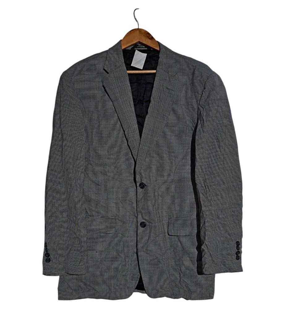 Grey Check Pattern Mens Suit Blazer Jacket Two Button (Category: Coats, Jackets and Outerwear) located in Batangas. Submitted by yanaspreloved1 (Listing ID 1468894511, Image 1). Description: - Grey and black micro check pattern - Two-button front closure - Three buttons on each cuff - Two front pockets with flaps - Classic standard lapel design - Fully lined with black inner lining - Ideal for office wear and formal occasions.
