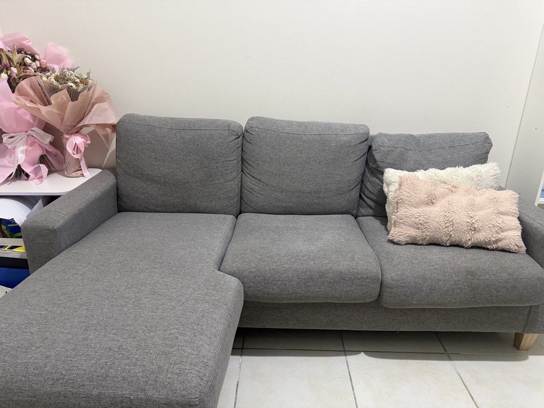 Grey L-shaped sectional sofa with chaise and cushions GET NIYO NA LP FOR 9K PLS (Category: Sofas) located in Manila. Submitted by goldenfish.dc5c9f (Listing ID 1468756245, Image 2). Description: ABENSON - Type: L-shaped sectional sofa with left-side chaise lounge - Color/Material: Neutral grey fabric upholstery with sturdy wooden legs - Included: 3 backrest cushions - Condition: Clean, well-maintained, and from a smoke-free home - Ideal For: Apar