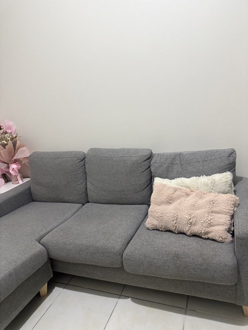 Grey L-shaped sectional sofa with chaise and cushions GET NIYO NA LP FOR 9K PLS (Category: Sofas) located in Manila. Submitted by goldenfish.dc5c9f (Listing ID 1468756245, Image 1). Description: ABENSON - Type: L-shaped sectional sofa with left-side chaise lounge - Color/Material: Neutral grey fabric upholstery with sturdy wooden legs - Included: 3 backrest cushions - Condition: Clean, well-maintained, and from a smoke-free home - Ideal For: Apar