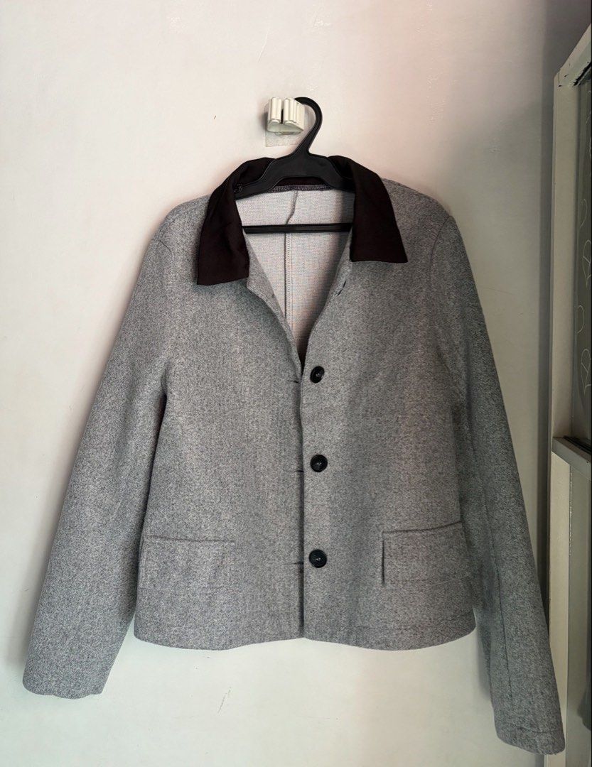 Grey with Contrast Black Collar Blazer Jacket (Category: Coats, Jackets and Outerwear) located in General Trias. Submitted by r_bimil (Listing ID 1468723211, Image 1). Description: Grey with Contrast Black Collar Blazer Jacket for sale!.