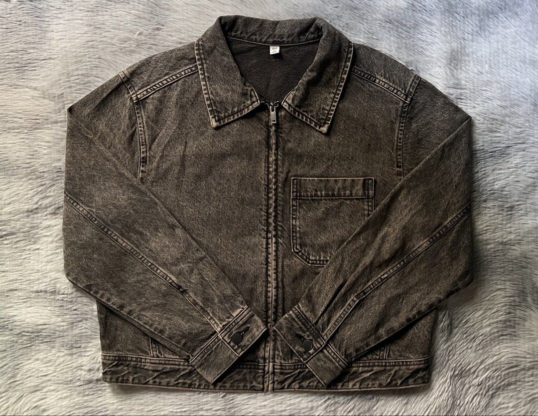 GU Brown Denim Zip Up Jacket (Category: Coats, Jackets and Outerwear) located in Caloocan City. Submitted by kaeleinn (Listing ID 1468405783, Image 1). Description: GU Brown Denim Zip Up Jacket 23" width 22" length excellent condition, boxy fittings 1300 + sf 📥.